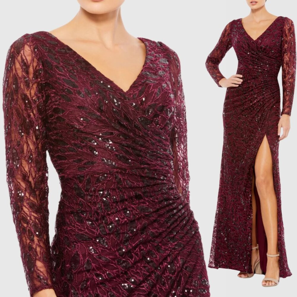 Mac Duggal 12412 Size 14 Red Long Sleeve Ruched Sequined V-Neck Maxi Gown‎ Dress
